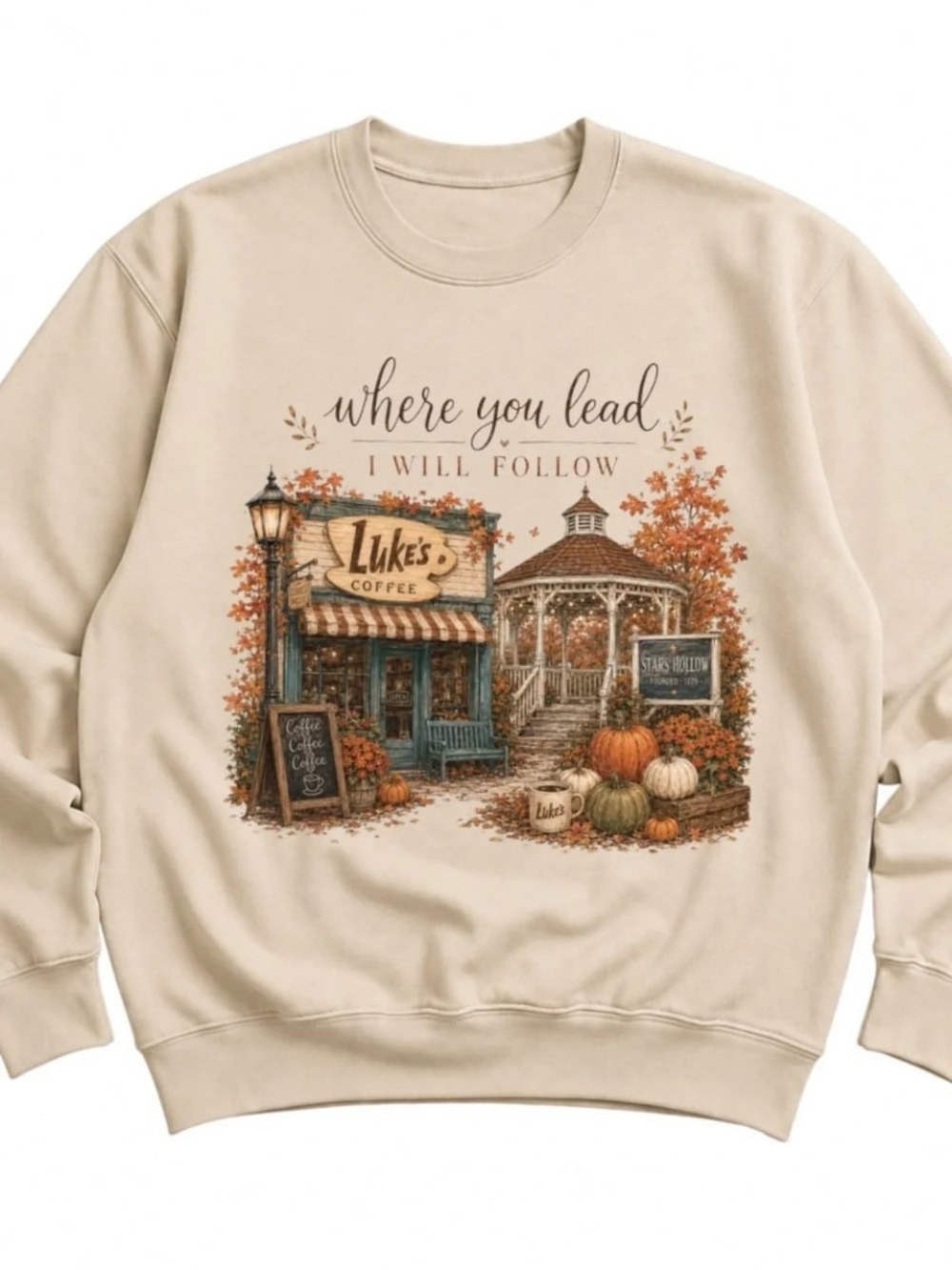 Cream Fall Stars Hollow Graphic Crewneck Sweatshirt